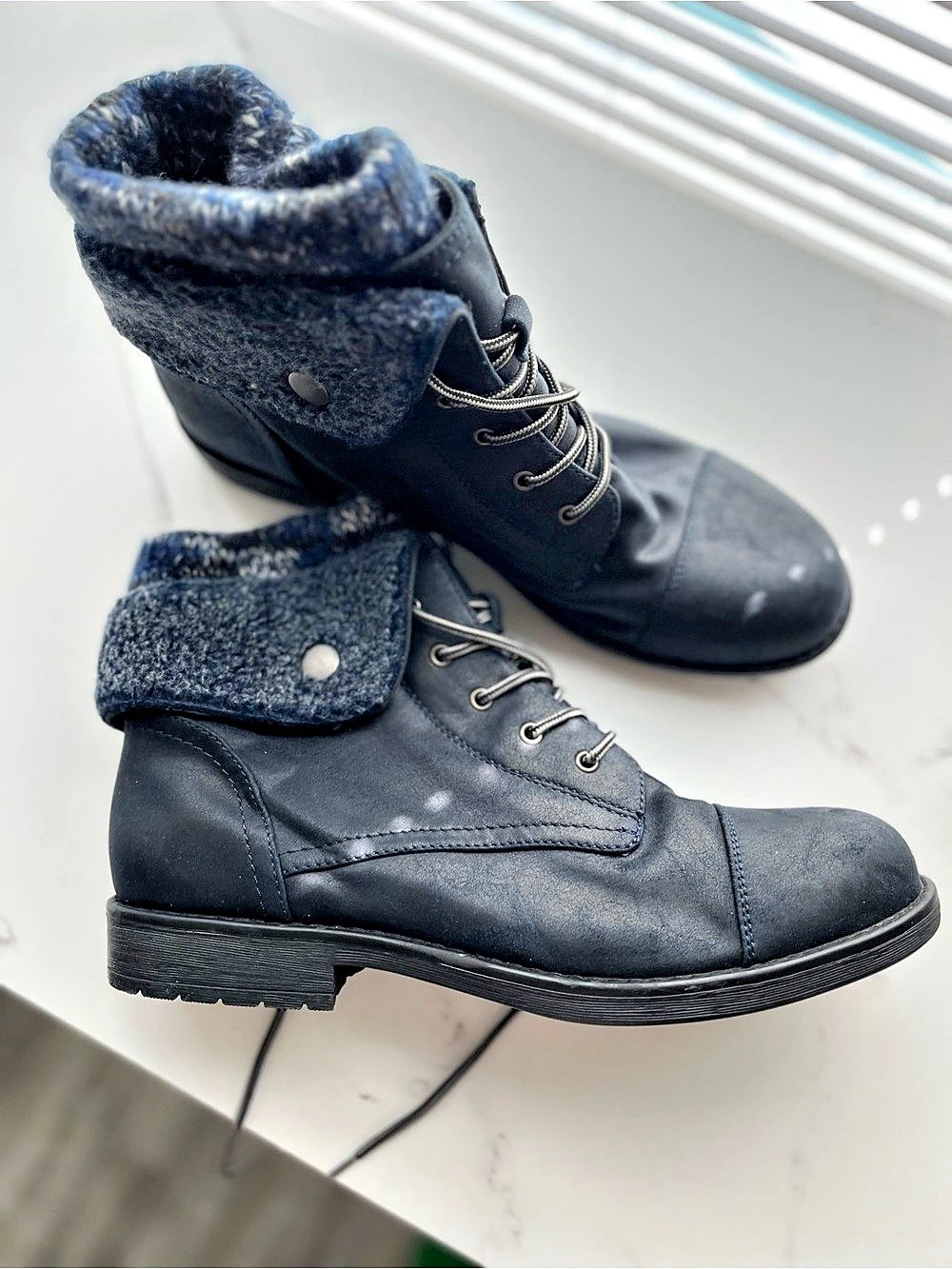 Cliffs by White Mountain Navy Lace up Built-In Sweater-Lined Cuff Combat Boots